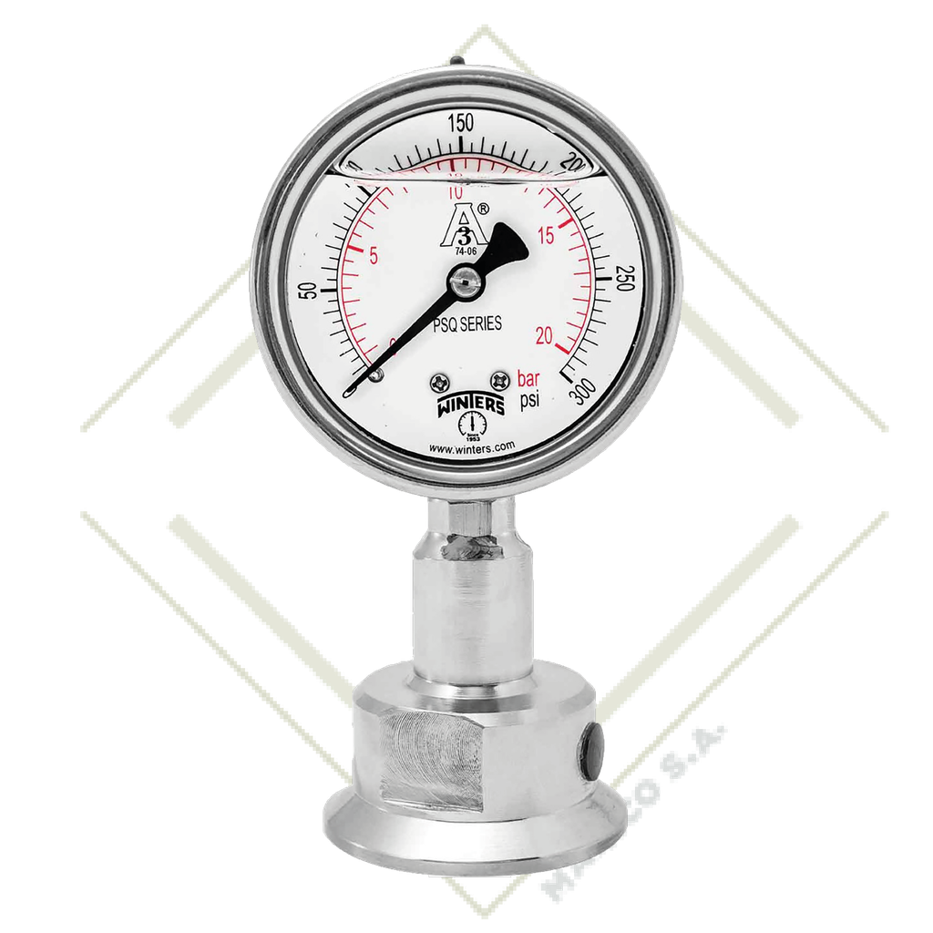 MANOMETRO 0-160 PSI/BAR CARATULA 21/2" SS304 CONEXION INFERIOR CLAMP 2" SS316 PSQ