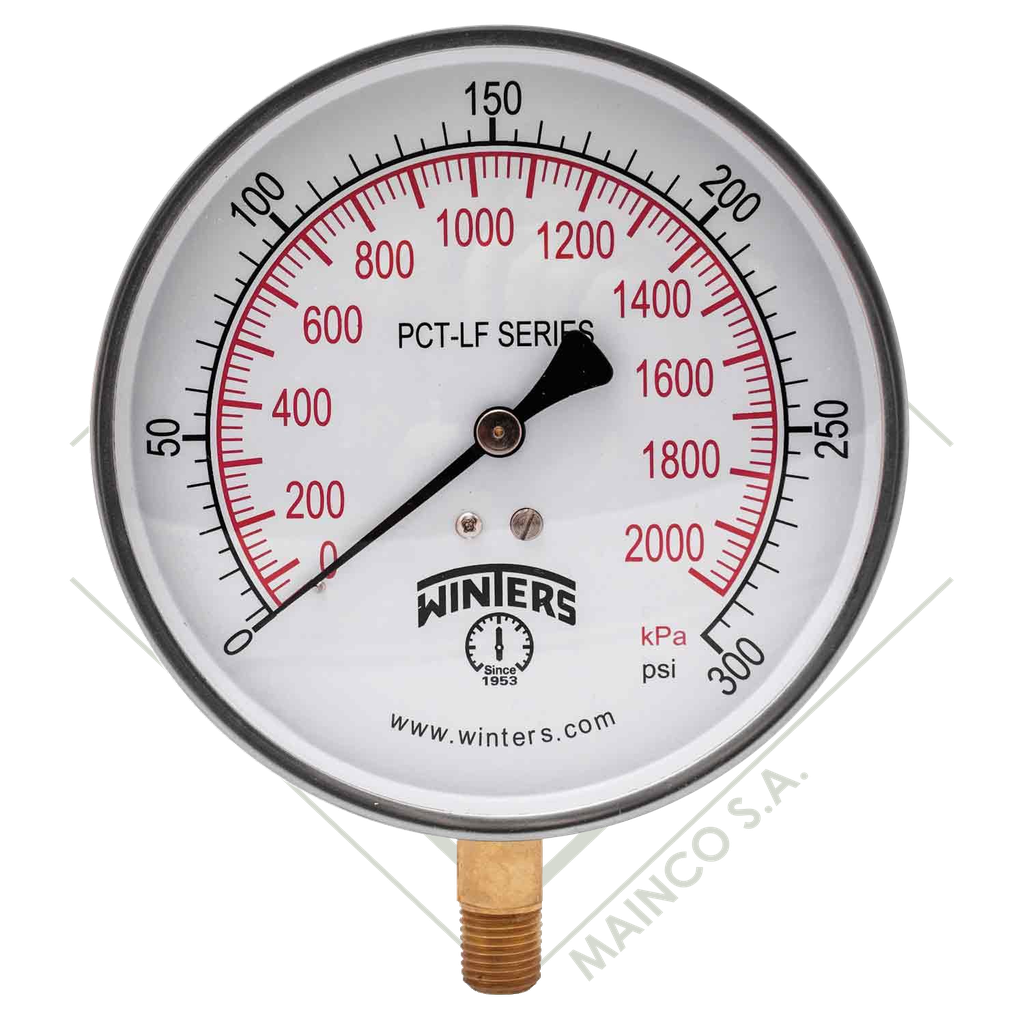 MANOMETRO 0-30 PSI/BAR CARATULA 41/2" SS304 CONEXION INFERIOR NPT 1/4" BRONCE PCT SG