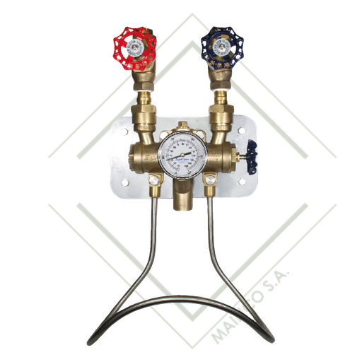 [IN01744] VALVULA MEZCLADORA AGUA FRIA/CALIENTE NPT 3/4” BRONCE VALVULA BOLA/TERMOMETRO CAR-AJUSTABLE 21/2" NPT 1/2" (10°C-150°C)