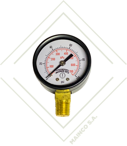 [ME02096] MANOMETRO 0-100 PSI/KPA CARATULA 2" PLASTICO CONEXION INFERIOR NPT 1/4" BRONCE PEM
