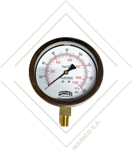 [ME02155] MANOMETRO 0-160 PSI/KPA CARATULA 4" SS304 CONEXION INFERIOR NPT 1/4" BRONCE PFQ ZR